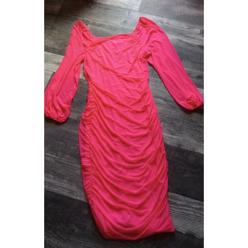 Merokeety Women's 2XL Coral Bodycon Ruched Long Sleeve Midi Dress, NWT
